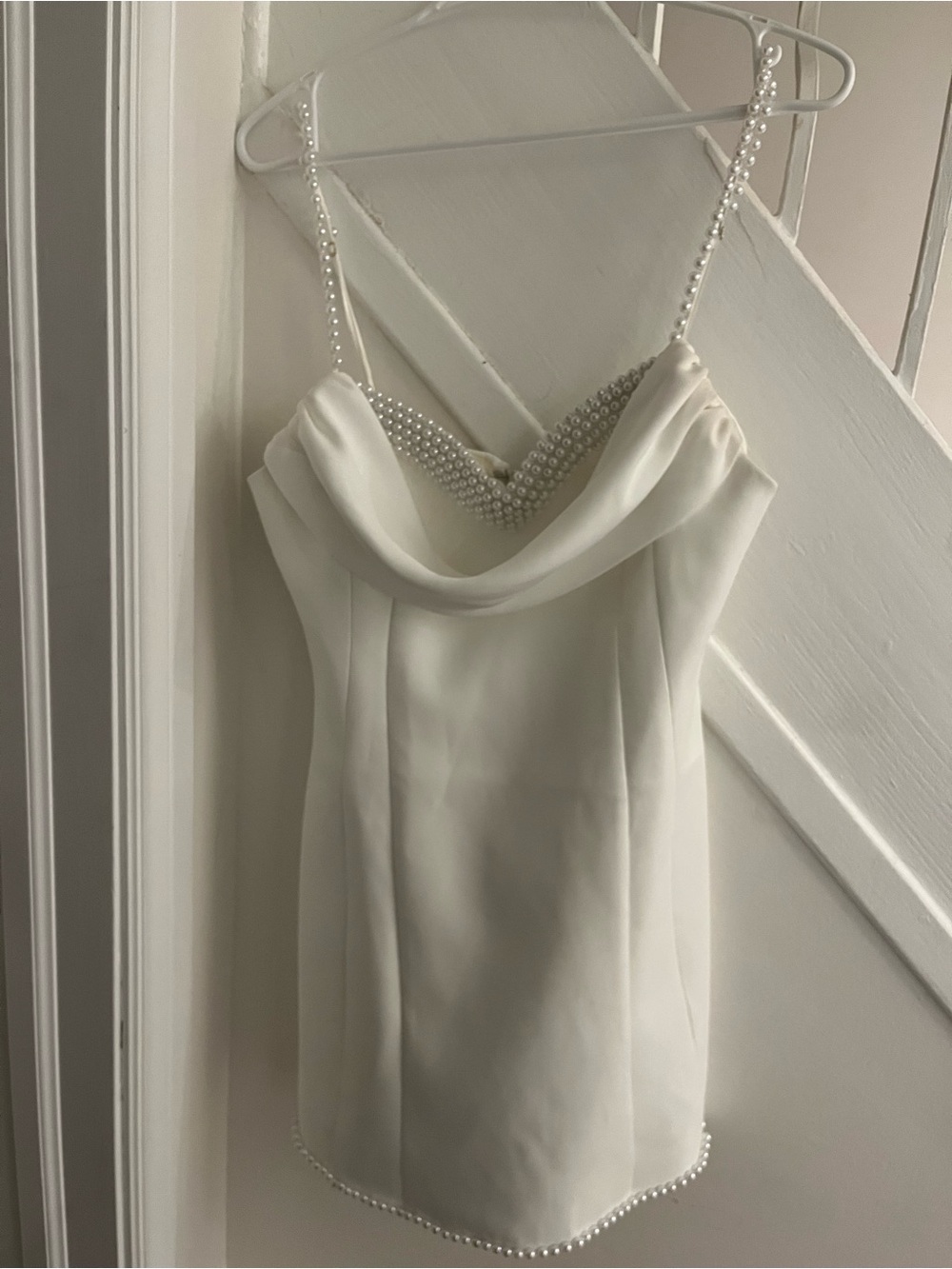 Meshki White Cowl Neck Mini Dress with Pearl Straps